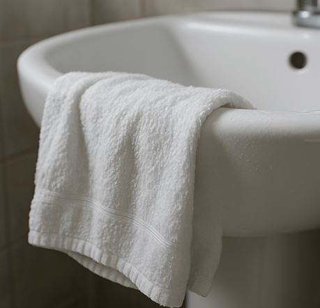 세면대 위에 올려져 있는 젖은 수건 사진