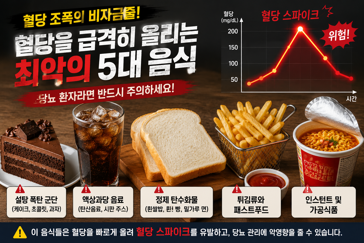 당뇨 환자가 주의해야 하는 케이크, 탄산음료, 흰빵, 튀김류, 인스턴트 식품과 혈당 스파이크 위험을 설명하는 인포그래픽