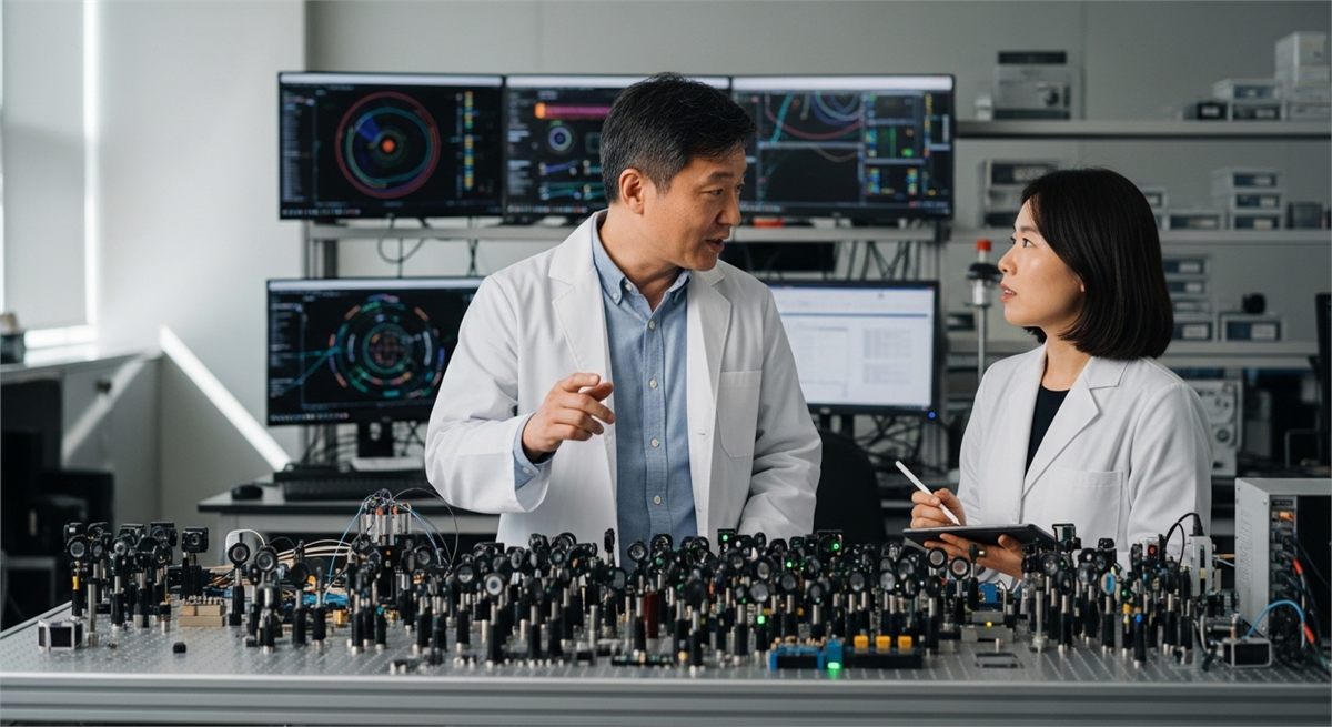  양자통신 연구 장비를 살펴보는 연구원의 모습 