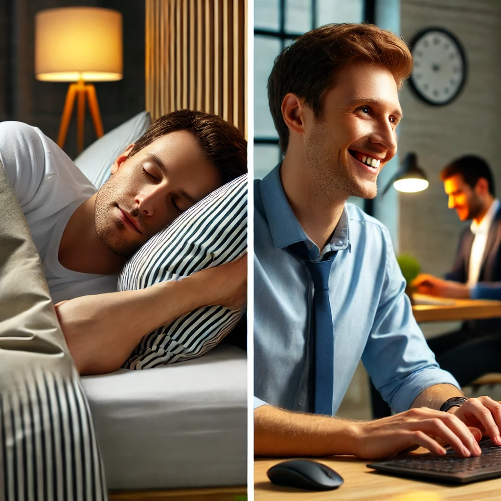 숙면을 취하는 직장인과 숙면 덕분에 업무에 집중하는 직장인