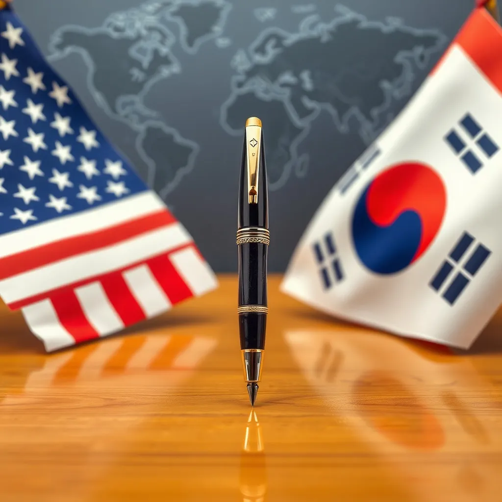 두 나라의 국기나 상징물과 함께 놓인 만년필을 통해&amp;#44; 만년필이 외교적 협력과 평화 구축의 상징적인 도구로 활용되는 장면을 표현합니다. 예를 들어&amp;#44; 트럼프 전 대통령이 받았던 서명용 만년필처럼요. 