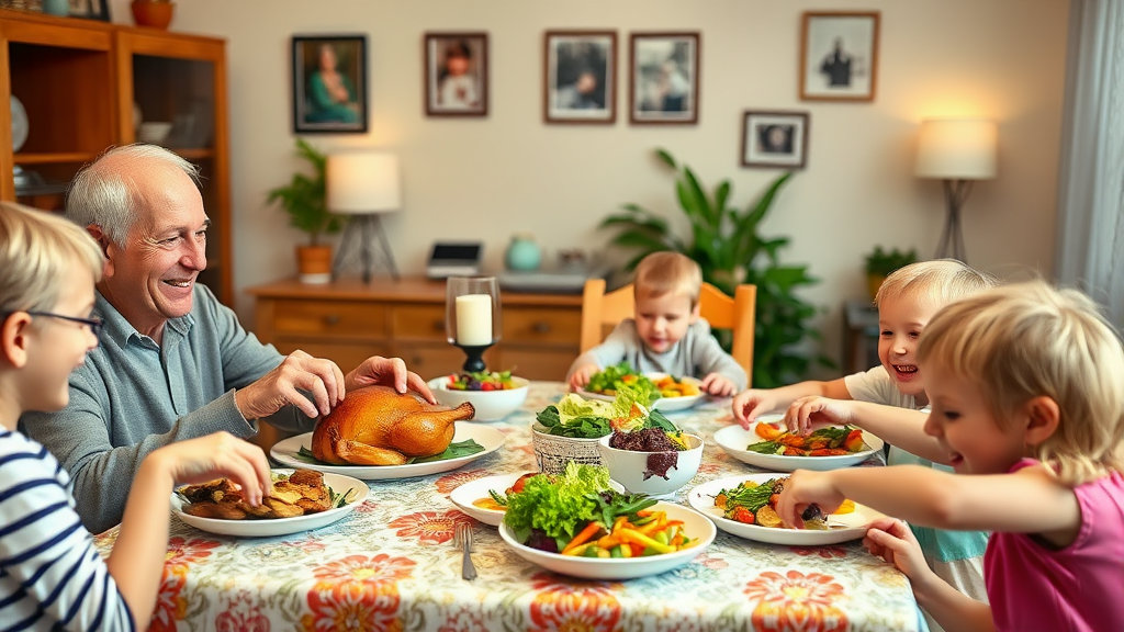 어린 손자들과 즐겁게 식사하는 노인