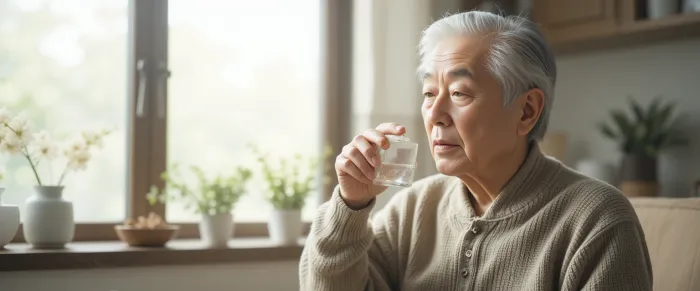 아침 햇살 아래 물과 함께 알부민 영양제를 먹는 모습