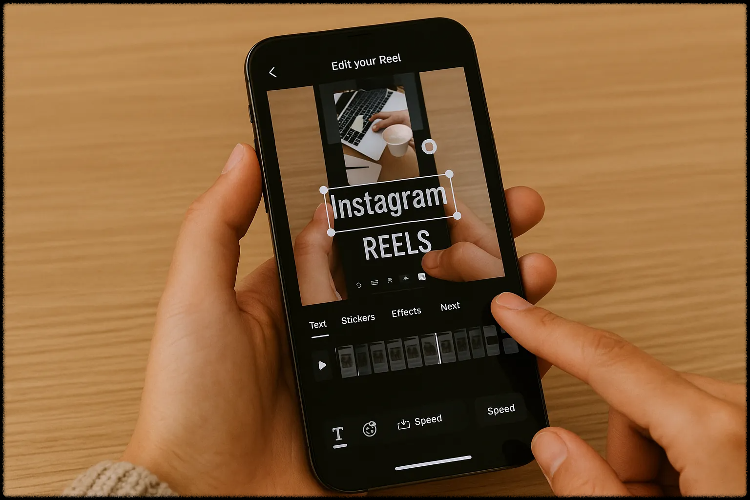 스마트폰에서 인스타그램 릴스 편집 도구를 이용해 영상을 만드는 장면