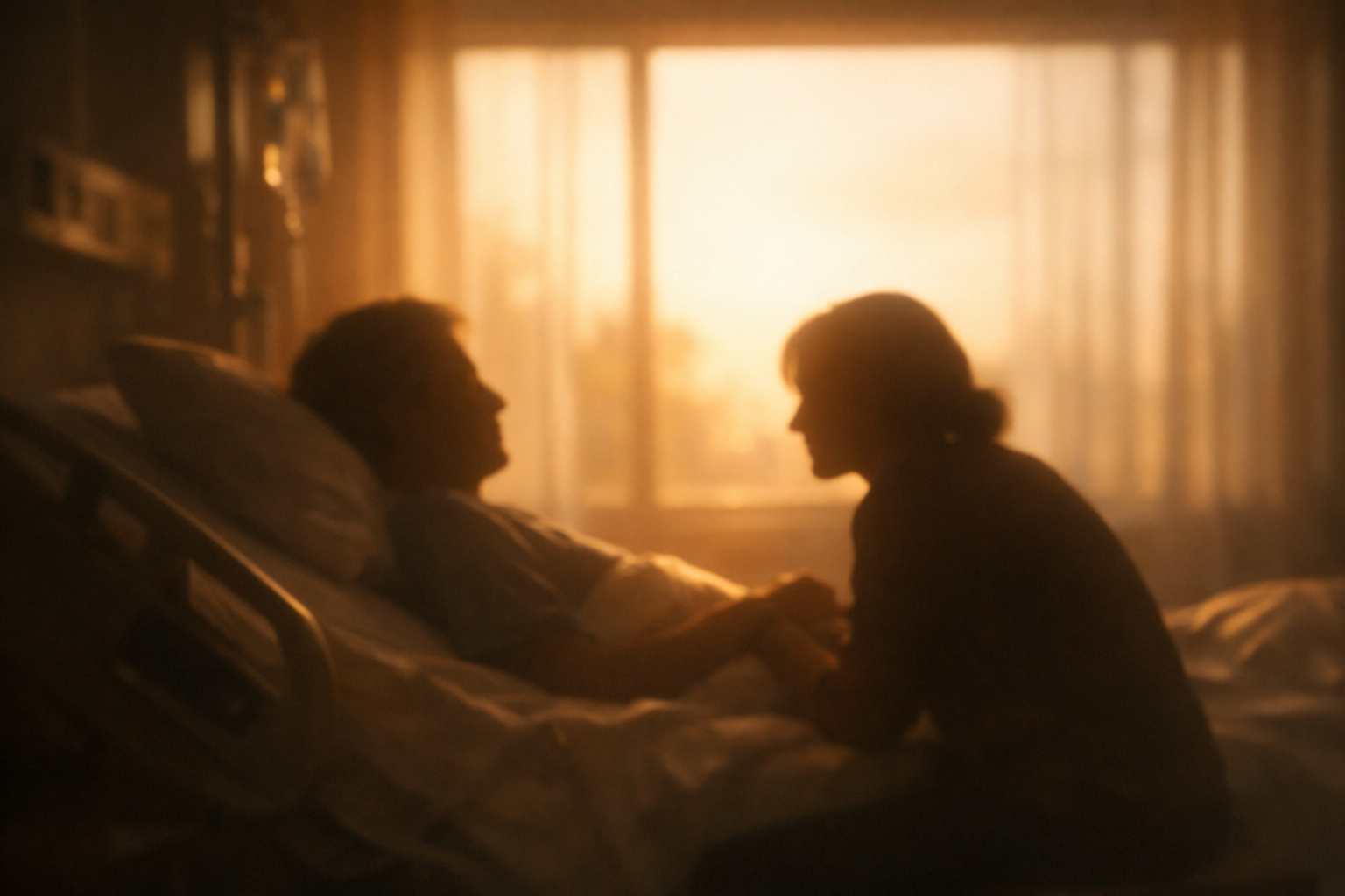 병실 환자의 손을 잡고 있는 사람 실루엣