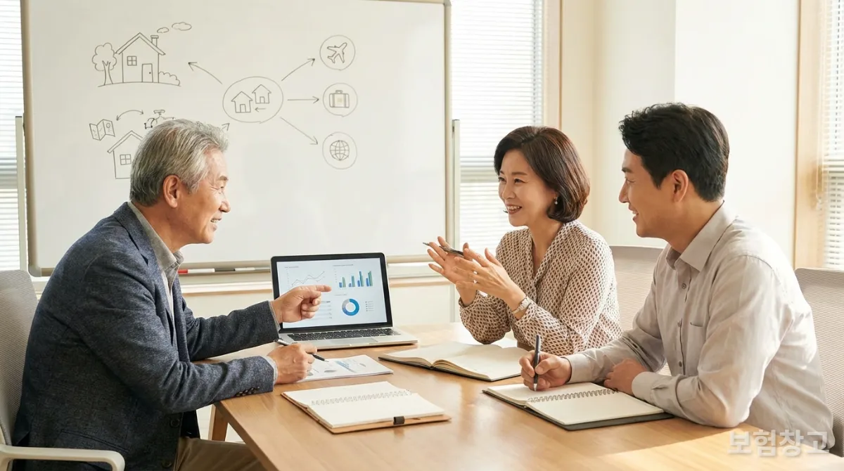 노후 설계를 위한 전략을 논의하는 한국인 그룹