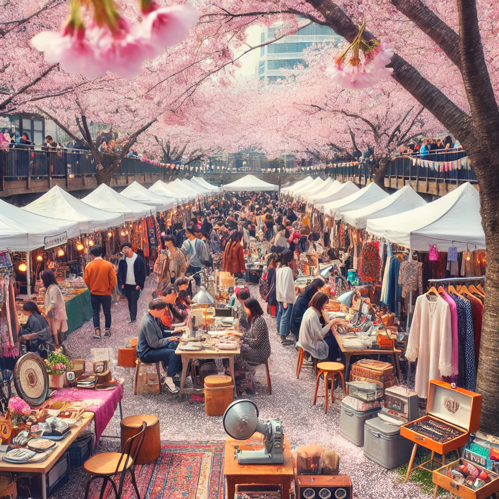 벚꽃 가로수길 양쪽에 늘어선 플리마켓 부스&amp;#44; 강을 따라 걷는 관광객들&amp;#44; 활기찬 대청호 벚꽃 플리마켓 전경 