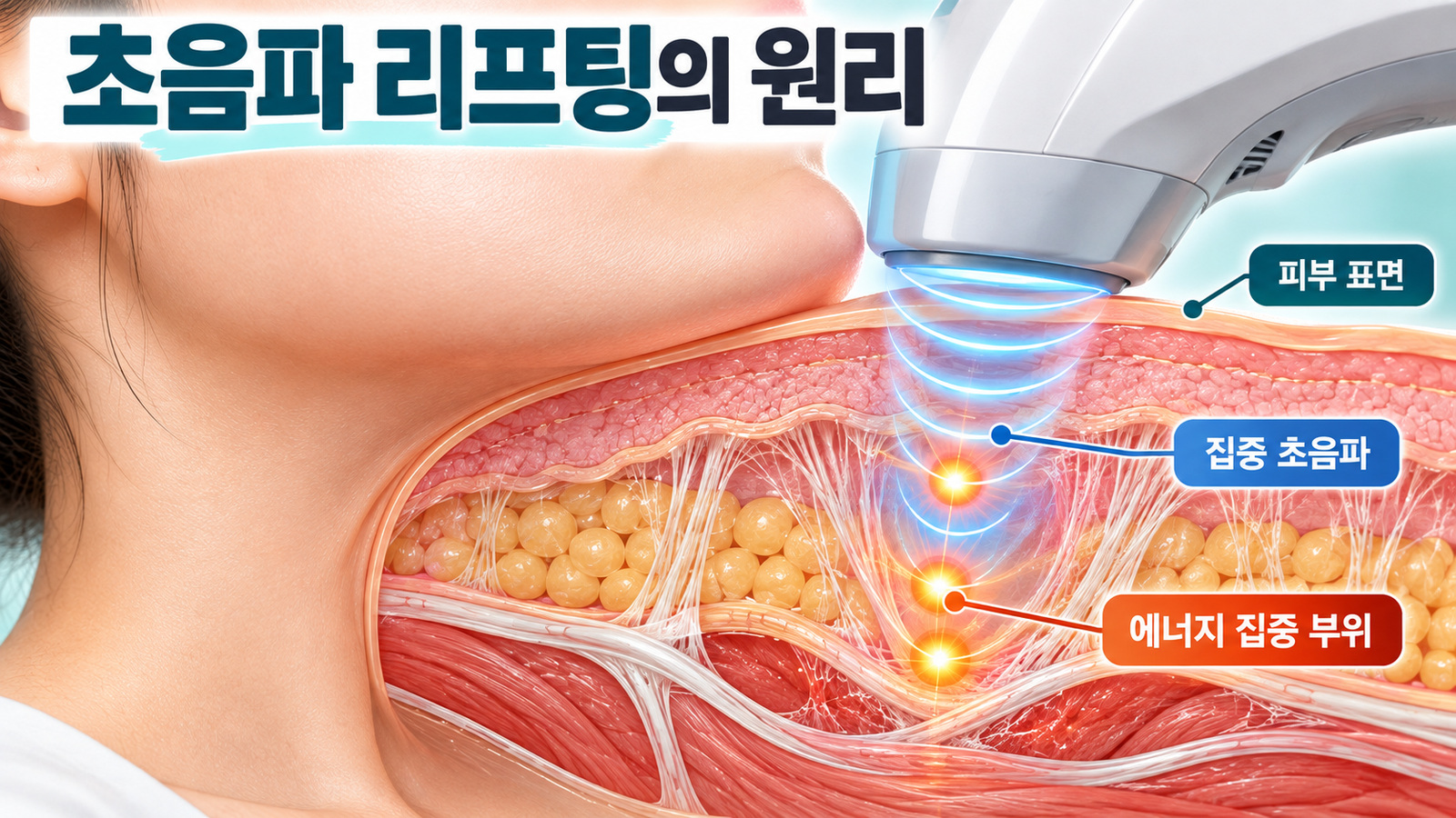 턱밑 피부와 지방, 근육 단면에 집중 초음파 에너지가 전달되는 과정을 보여주는 교육용 일러스트