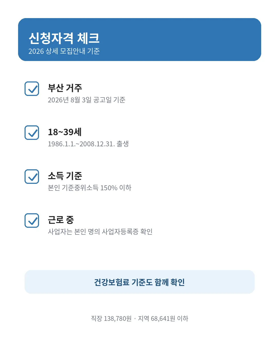 부산청년 기쁨두배통장 부산거주 연령 소득 근로 신청자격 체크