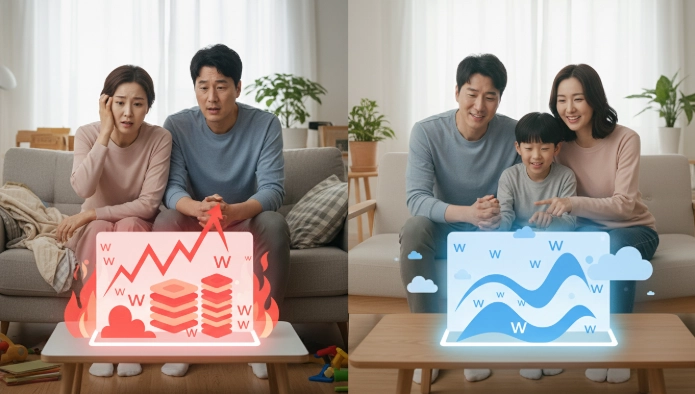 한국 가정이 대출 이자 부담으로 고민하는 모습과 베트남 저금리 정책을 통한 투자 기회를 탐색하는 한국인 가족의 모습 비교.