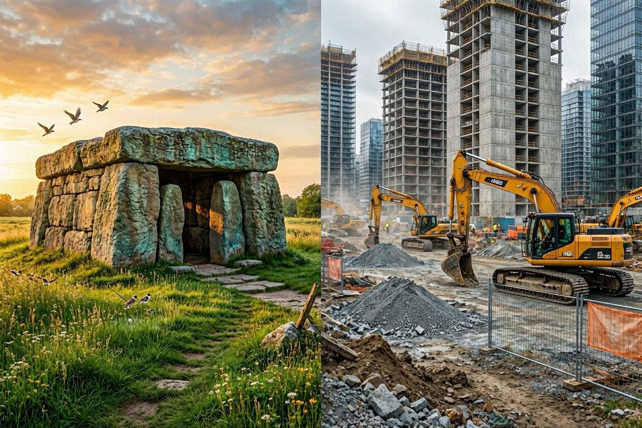 A dramatic vertical split-screen illustration conceptualizing the conflict between historical preservation and modern urban development. The left side depicts a peaceful Bronze Age megalithic tomb glowing in warm sunset light within an untouched green landscape with birds flying. The right side contrasts sharply, showing heavy yellow construction excavators aggressively digging the earth and tall, modern concrete skyscraper projects rising under a dusty atmosphere.