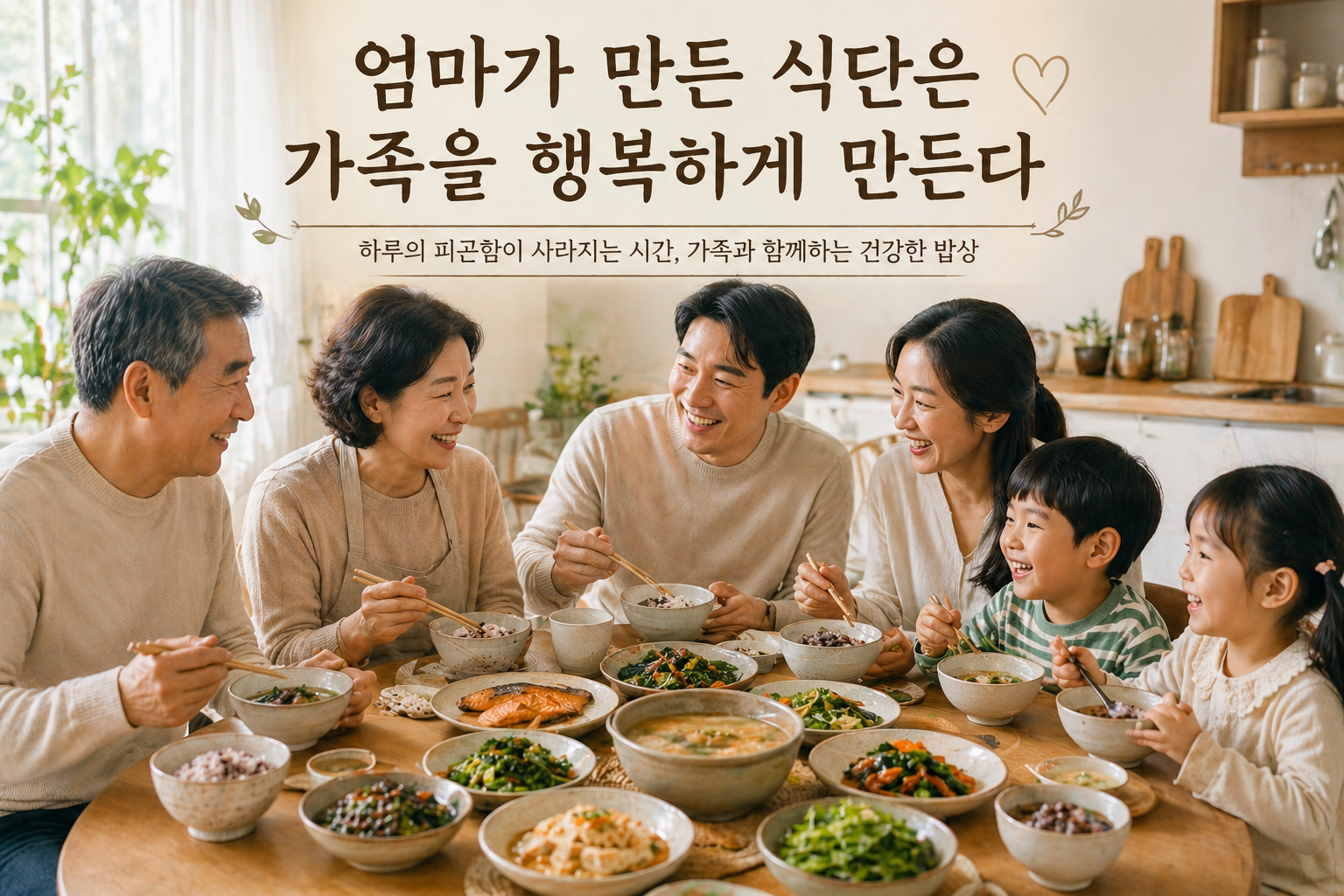 휴일 아침 3대 가족이 둥근 식탁에 둘러앉아 건강한 집밥을 함께 먹으며 웃는 따뜻한 식사 장면