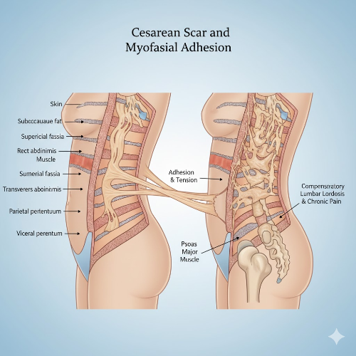 제왕절개 수술 후 복벽의 7개 층(피부, 근막, 근육, 복막 등) 사이에 발생한 근막 유착(Adhesion)과 흉터 조직의 해부학적 구조. 하복부 유착이 골반과 허리 통증에 미치는 영향 도해.