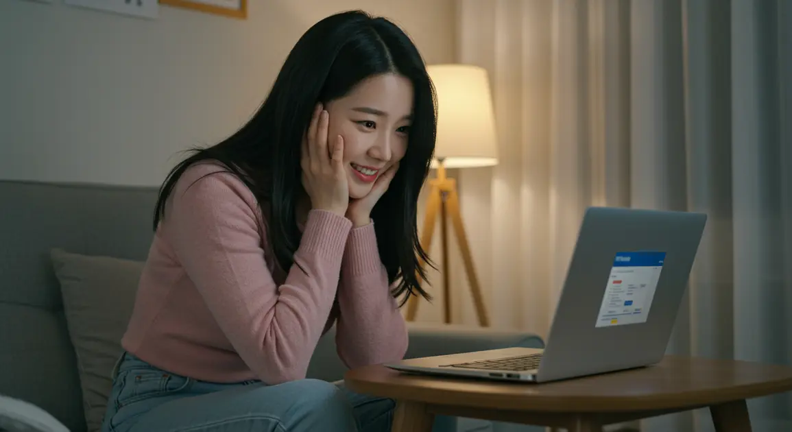 에너지 바우처를 지급 받은 것을 노트북으로 확인하고 기쁜 여성