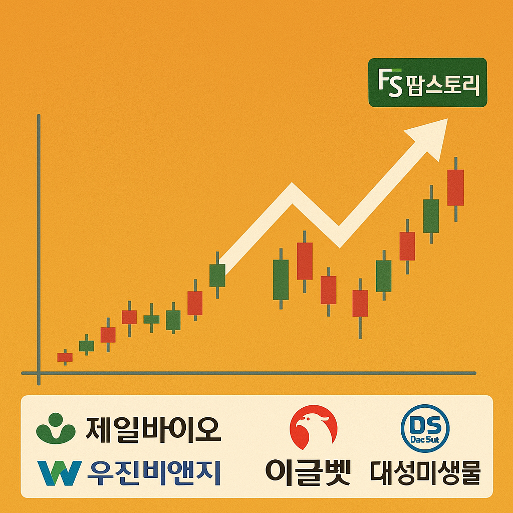 아프리카돼지열병 관련주(제일바이오, 우진비앤지, 이글벳, 대성미생물, 팜스토리)의 로고와 함께 상승하는 주가 그래프를 보여주는 이미지