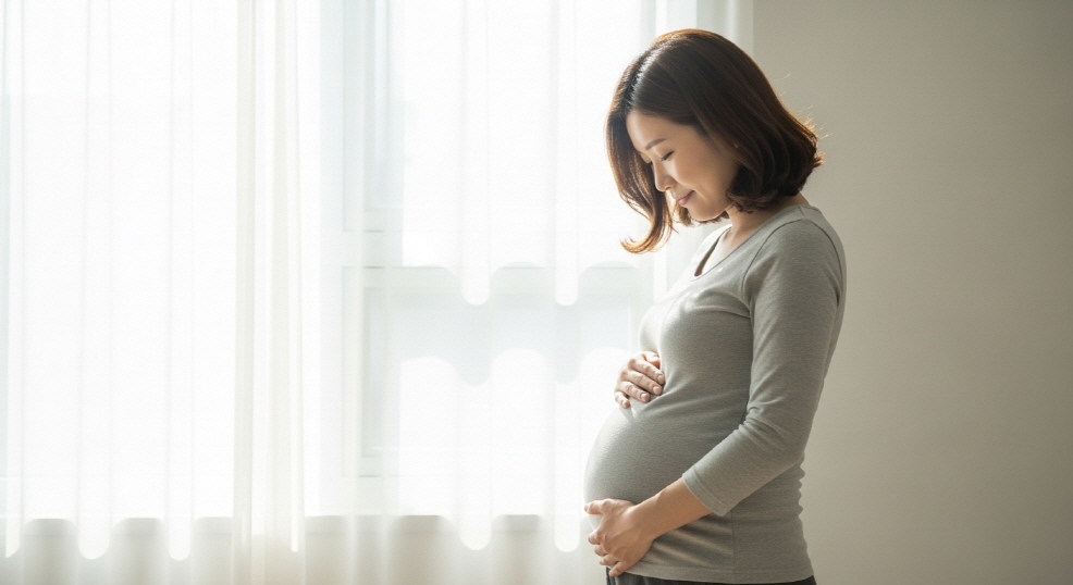 창가 햇살 아래 배를 어루만지는 한국 여성