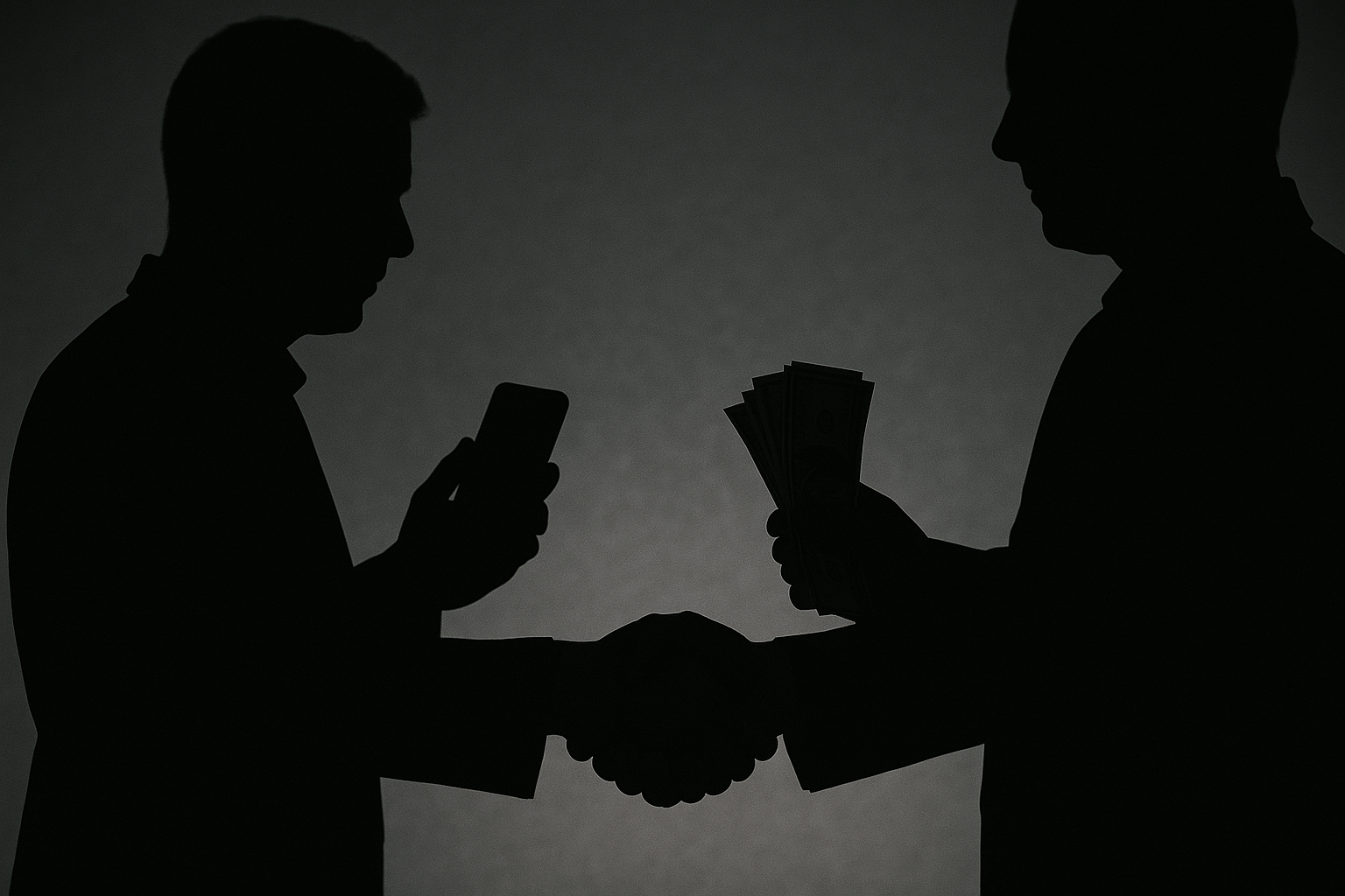 어두운 배경에, 한 손에는 스마트폰을, 다른 손에는 현금 다발을 들고 악수하는 두 사람의 실루엣. 위험한 거래나 불법적인 계약의 느낌을 강하게 전달함.