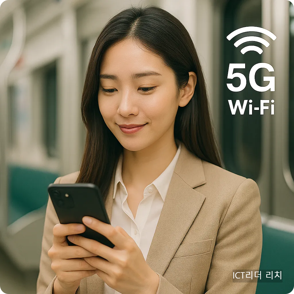 지하철에서 스마트폰을 사용하는 여성과 5G 와이파이 로고