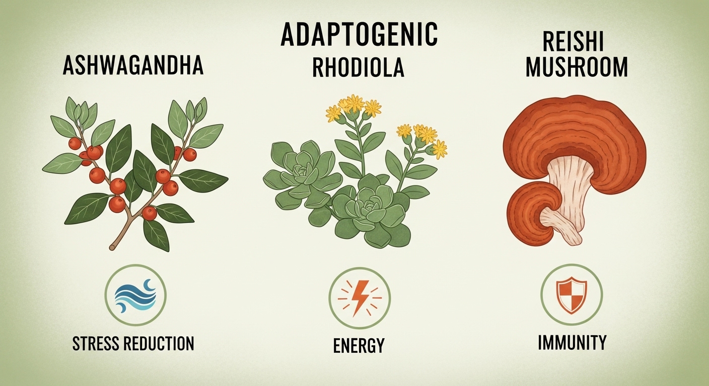 아슈와간다, 홍경천, 영지버섯 등 주요 어댑토젠 식물과 각각의 효능(스트레스 감소, 에너지, 면역력)을 시각적으로 표현한 깔끔한 인포그래픽입니다.
