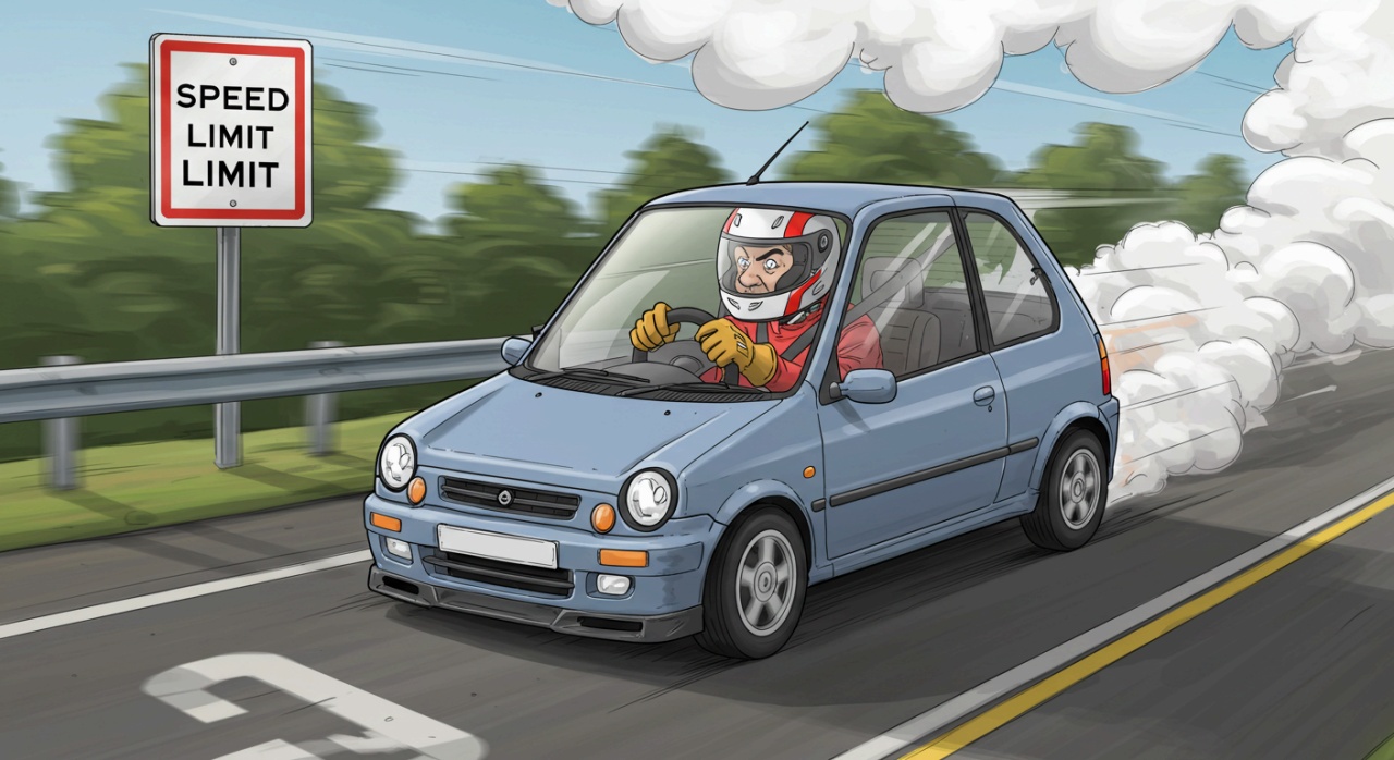 레이싱 헬멧을 쓴 운전자가 평범한 소형차를 몰며 프로 레이서처럼 착각하는 유머러스한 일러스트