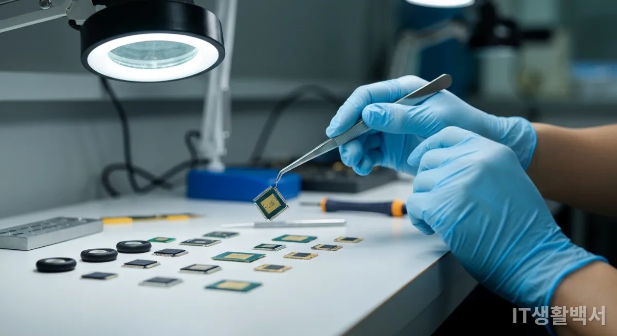 무선 이어폰 내부의 복잡한 전자 부품들이 정교하게 배열된 모습
