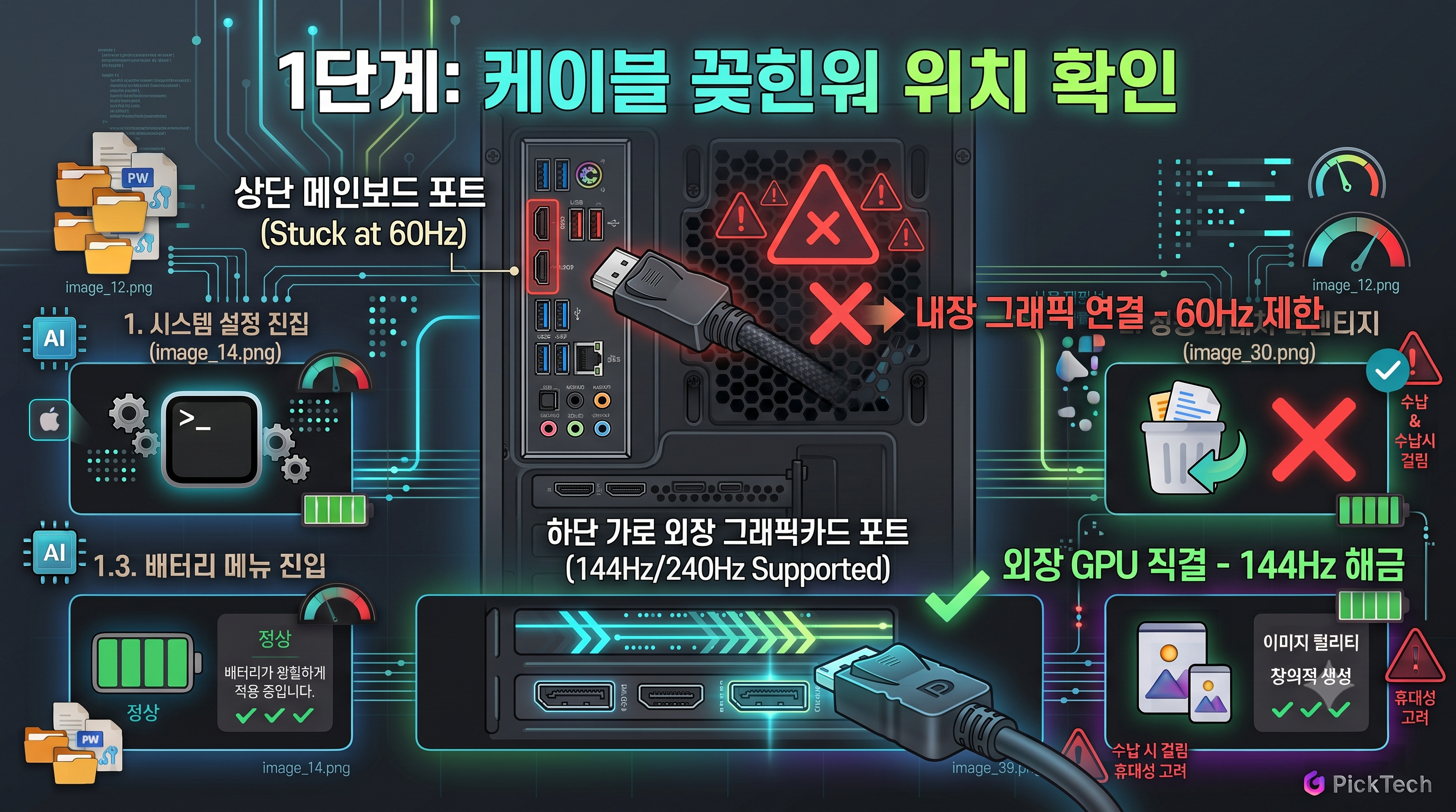 케이블 꽂힌 위치 확인 (메인보드 vs 외장 그래픽카드)