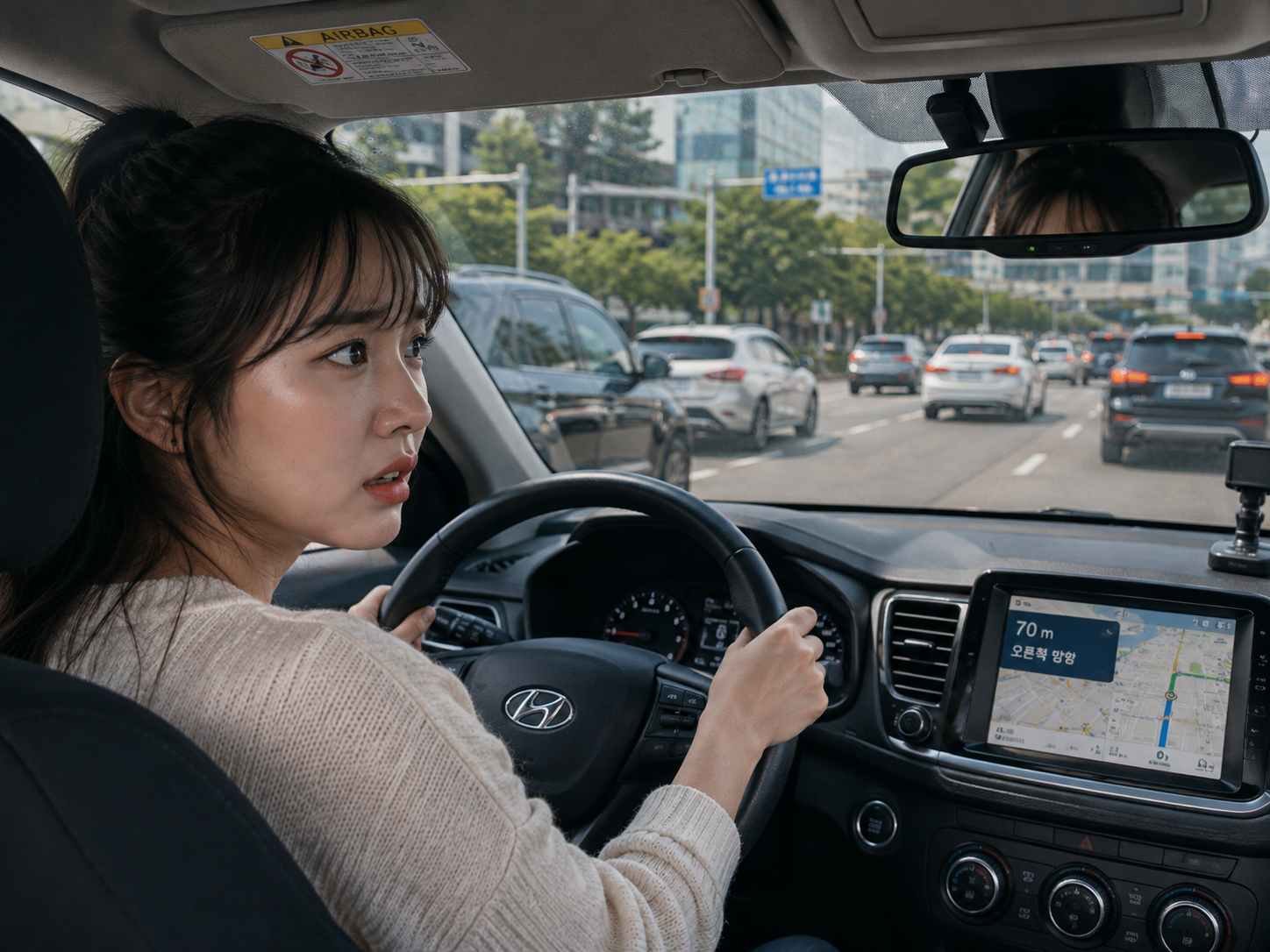 도심 도로에서 운전대를 잡고 긴장한 표정으로 앞을 바라보는 여성 운전자와 내비게이션 화면이 보이는 차량 내부 모습