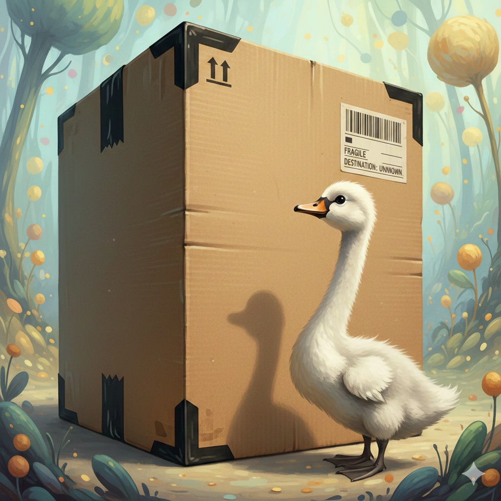 커다란 택배 상자 옆에 똑바로 서있는 아기 백조