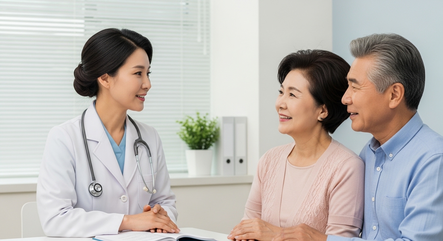 의료 상담실에서 한국인 여성 의사와 노년 부부가 상담하는 모습.
