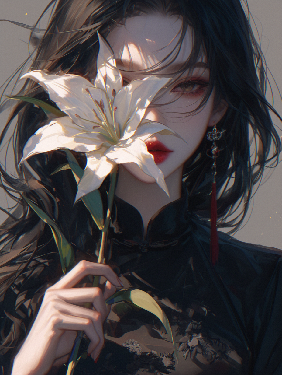 Black-hair-Red-lipstick-and-Lily