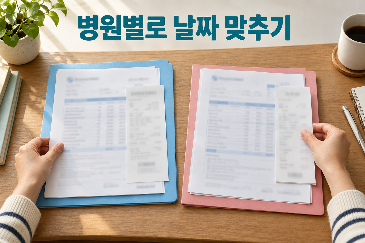 두 병원의 진료서류를 각각 묶어 날짜를 맞추는 손