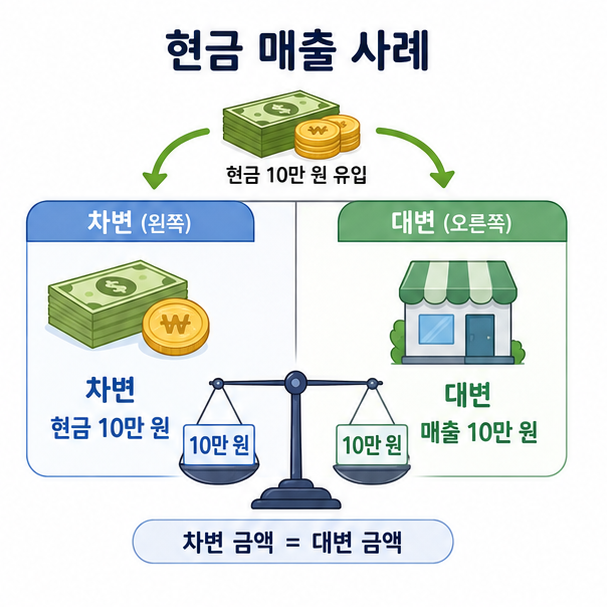 현금 10만 원 매출 거래를 차변 현금 10만 원과 대변 매출 10만 원으로 기록하는 분개 사례를 보여주는 이미지