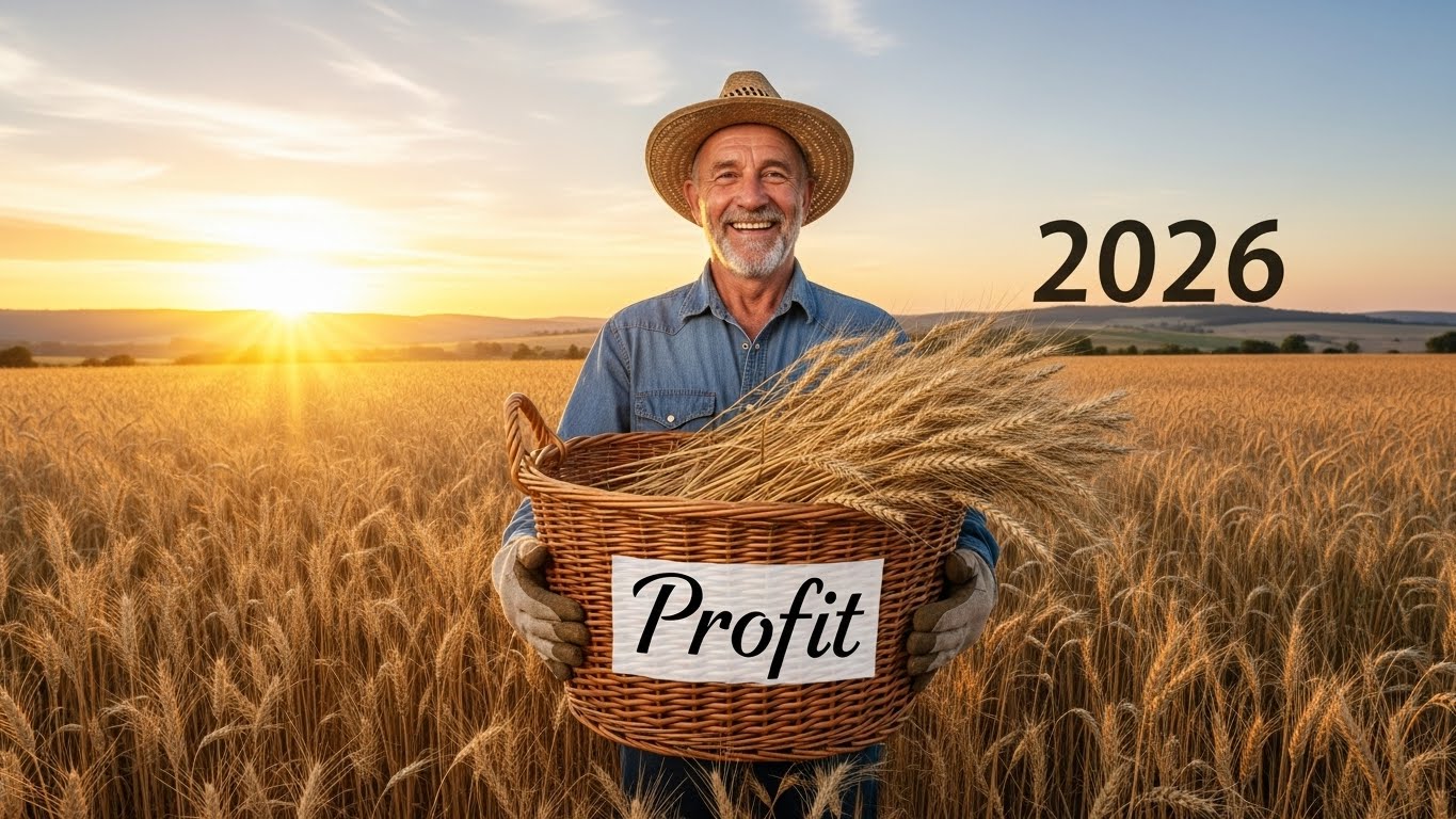 황금 들판(상승장)에서 농부(투자자)가 풍성한 수확물(수익)을 거두며 환하게 웃고 있는 모습