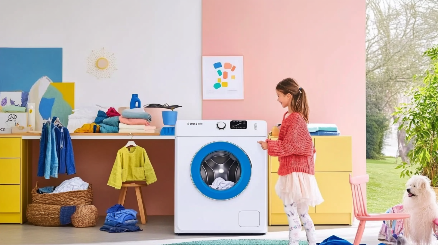 삼성의 조용하고 에너지 효율적인 WF24CB8850BV를 사용하며 행복한 세탁 시간을 보내는 가족, 반려동물 및 섬세한 의류 설정이 특징적인 모습