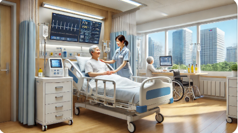 요양병원 병실에서 환자를 돌보고 있는 간호사