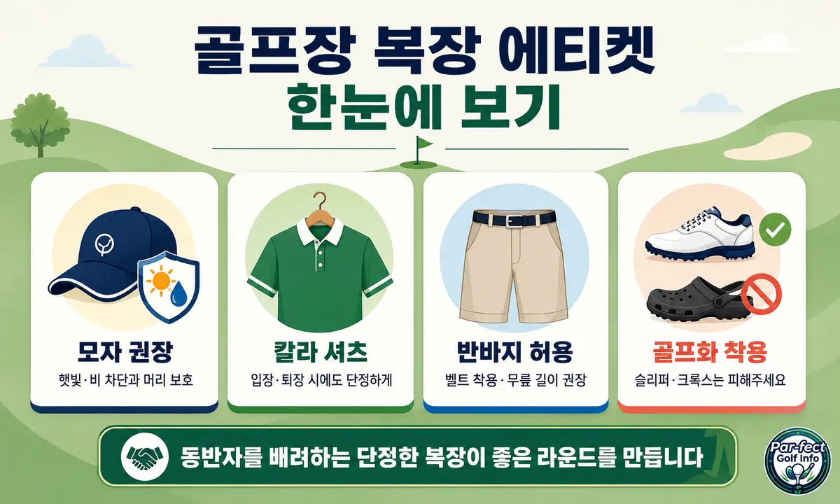 골프장 복장 에티켓을 모자 착용, 칼라 셔츠, 벨트를 착용한 반바지, 골프화의 네 항목으로 정리한 인포그래픽