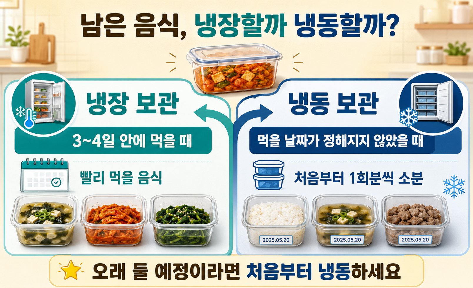 남은 음식 냉장 보관과 냉동 보관 기준 및 보관 방법을 비교한 이미지