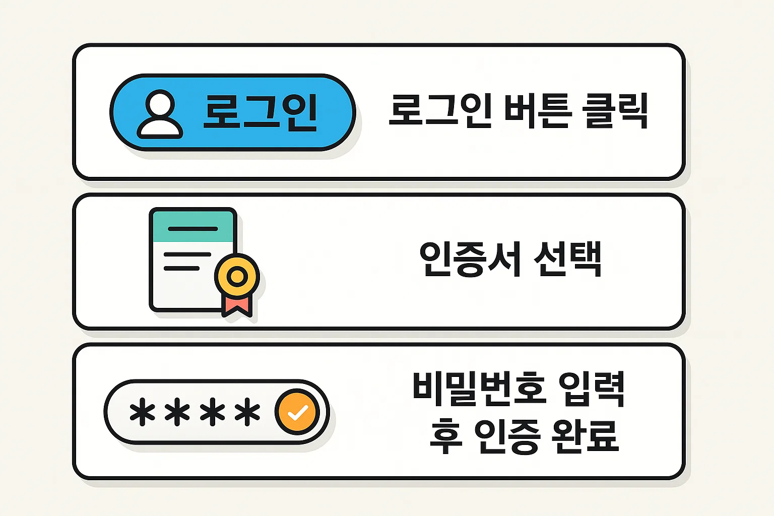 연금보험공단 홈페이지 로그인 과정을 단계별로 설명한 인포그래픽으로 로그인 버튼 클릭, 인증서 선택, 비밀번호 입력 후 인증 완료까지의 절차를 안내합니다.