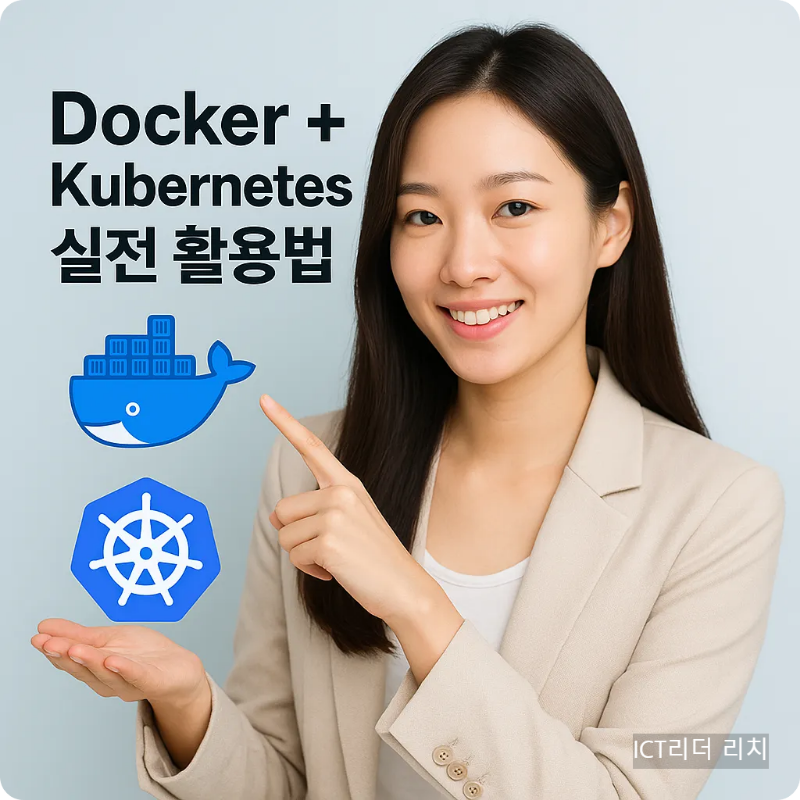 Docker + Kubernetes 실전 활용법 텍스트와 로고가 포함된 썸네일 이미지 &ndash; 자연스러운 포즈의 여성 모델