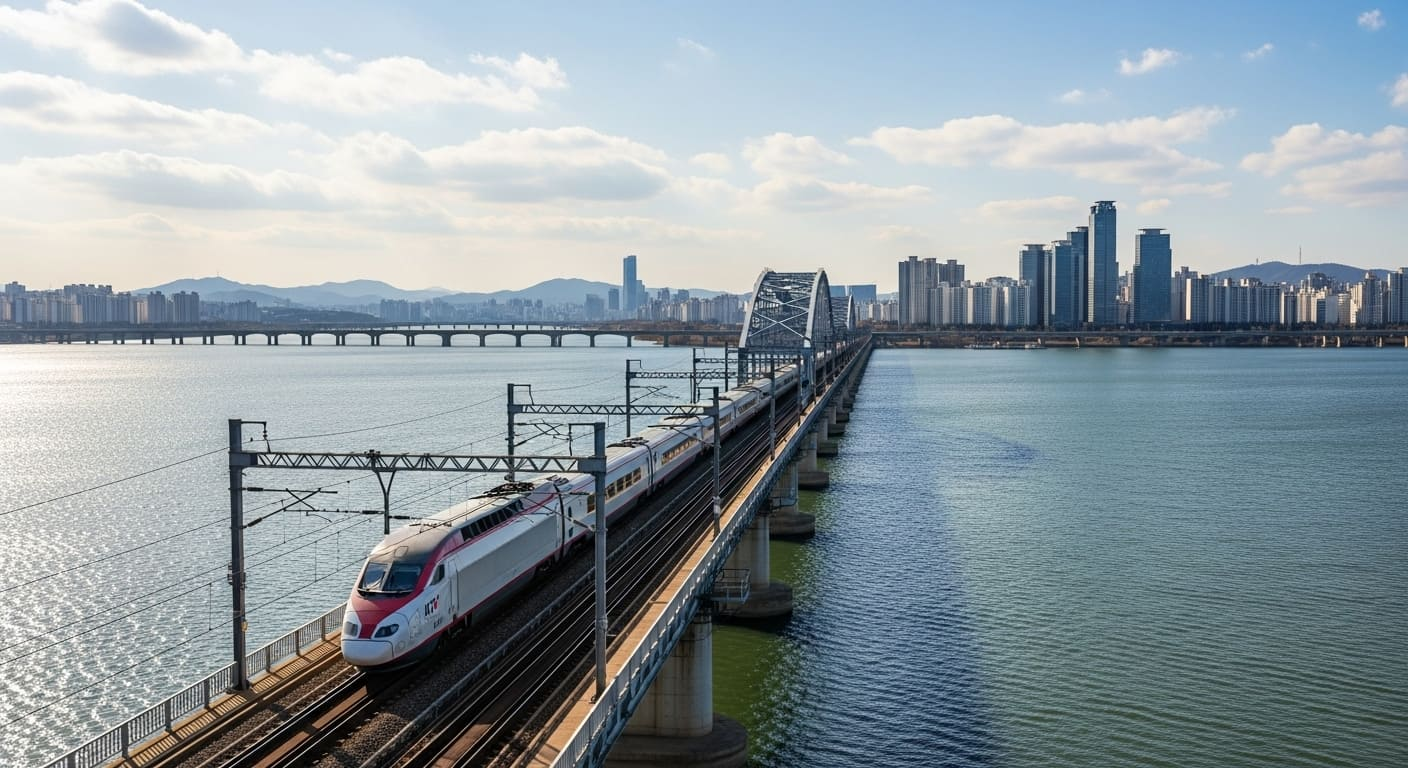 한강 다리를 달리는 STR 열차와 서울 도심 전경