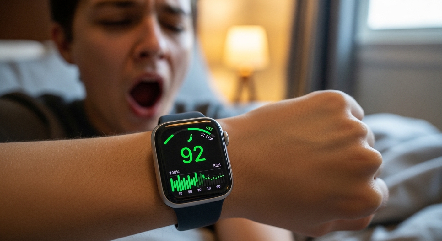 애플워치에 표시된 92점이라는 높은 수면 점수와는 대조적으로, 실제로는 피곤해서 하품하는 사람의 모습.