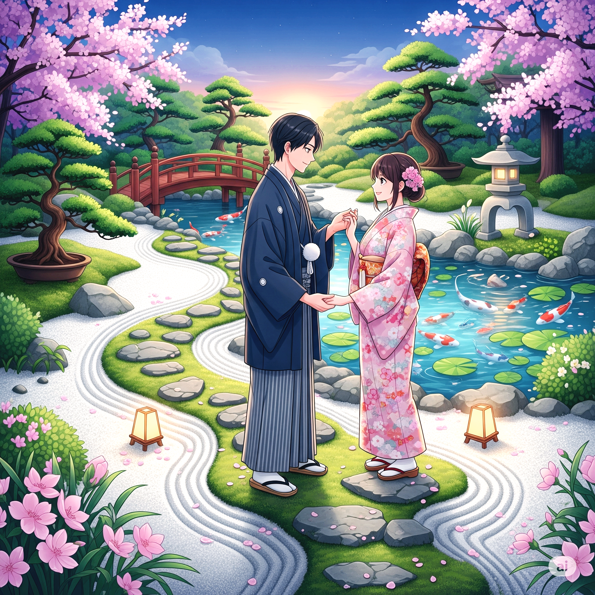 아름다운 정원에서 서로 마주 보고 있는 남녀