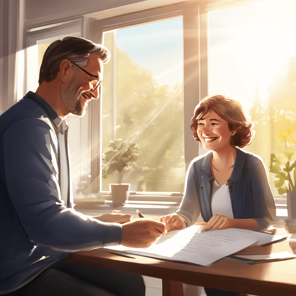 남편이 아내에게 서류를 주고 둘다 행복하게 웃는 모습