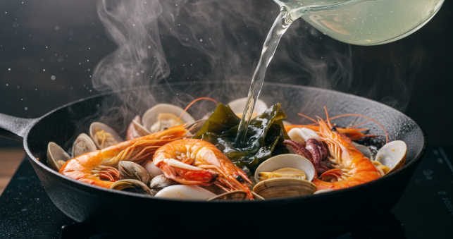 해물에 맑은 다시마 육수가 부어지고 있는 모습