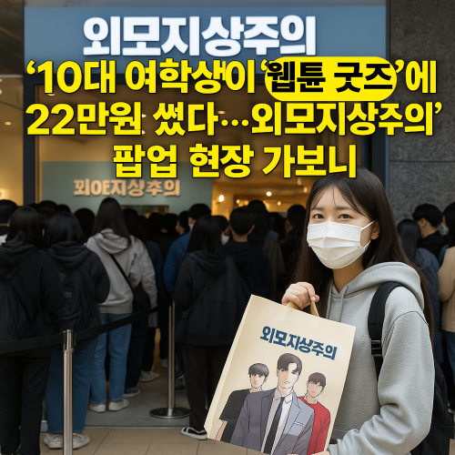 “외모지상주의 팝업스토어 앞에서 웹툰 굿즈를 사기 위해 줄 서 있는 10대 팬들의 모습”