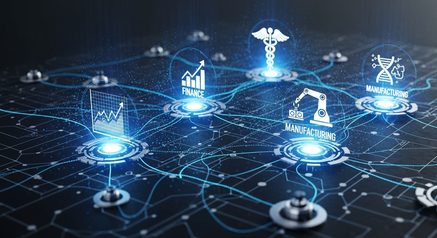 AI가 금융, 헬스케어, 제조 등 다양한 산업에 미치는 영향을 시각적으로 표현한 이미지