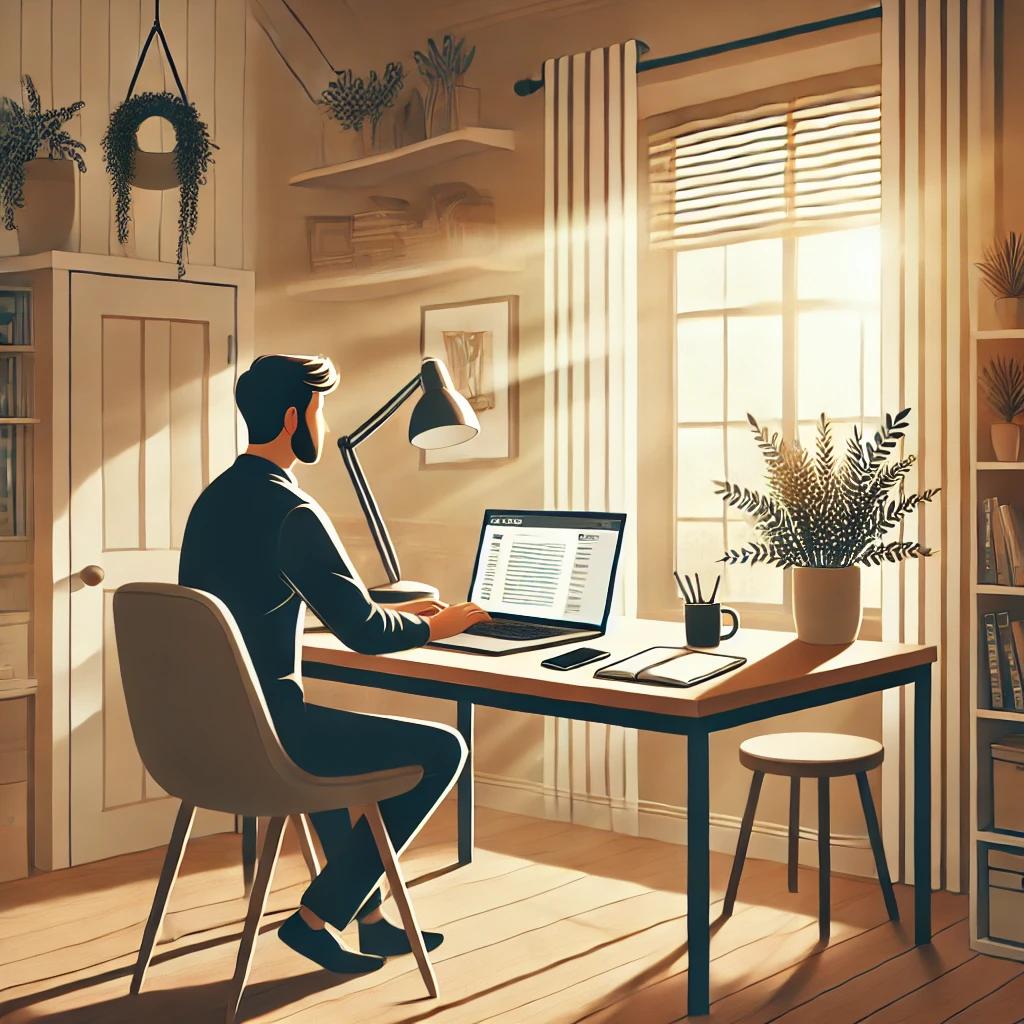 말끔히 정돈 된 방 안에서 책상 앞에 앉아 노트북으로 작업을 하고 있는 한 남성