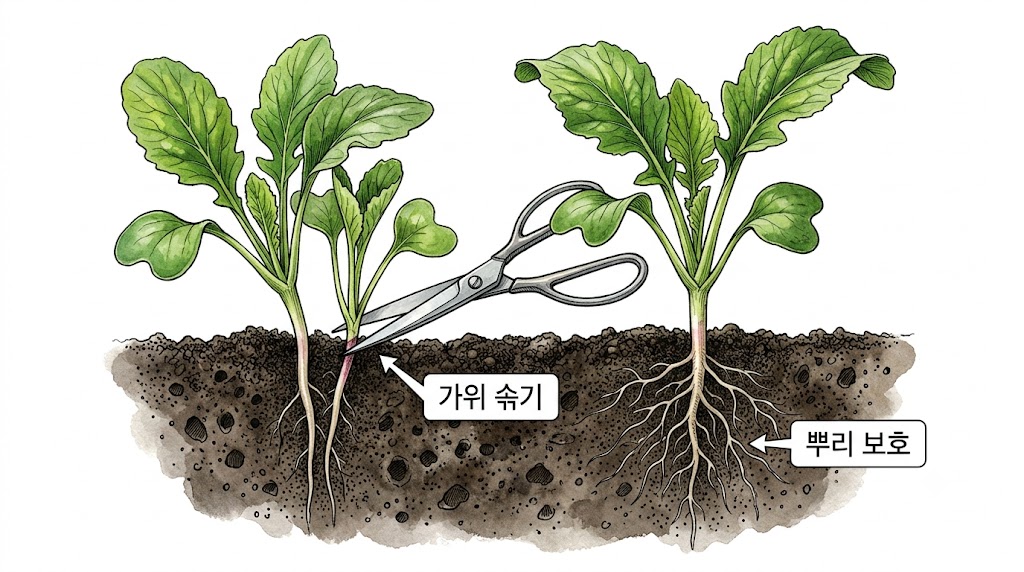 바짝 붙어있는 두 개의 무 싹 중 약한 싹의 밑동을 가위로 잘라내는 장면