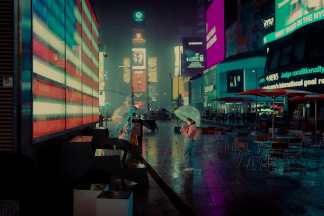 비오는 밤 도시 풍경과 우산을 든 사람들, 장마철 거리 분위기