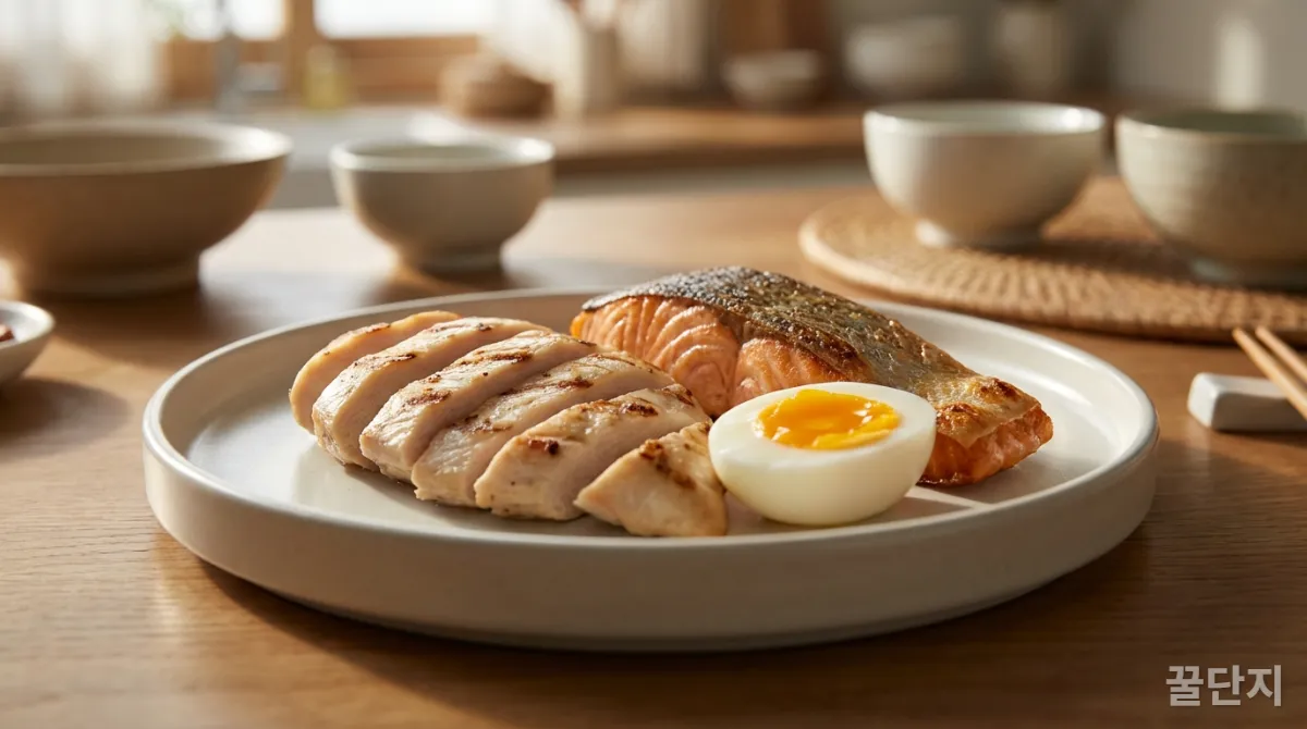 그릴에 구운 닭가슴살, 연어, 삶은 달걀 등 동물성 단백질